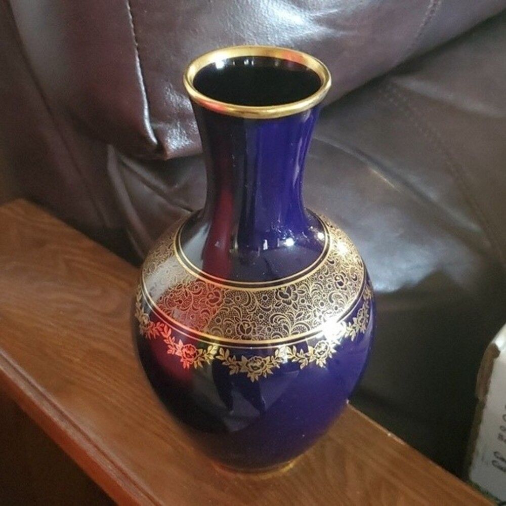 Lindner Echt Cobalt Vase – 5‑3‑152 – VTG 50s Gilded Germany